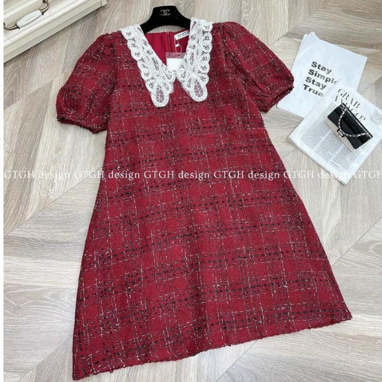 Váy Dạ Đỏ Cổ Trắng Mặc Bầu & Sau Sinh
