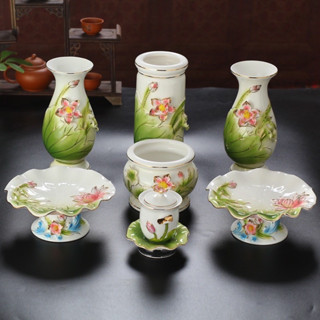 Bộ Thờ Cúng - Sét Đồ Thờ Phụng Sen Kim Xanh Bông Hoa Nổi Cao Cấp Gồm Bình, Lư, Dĩa...