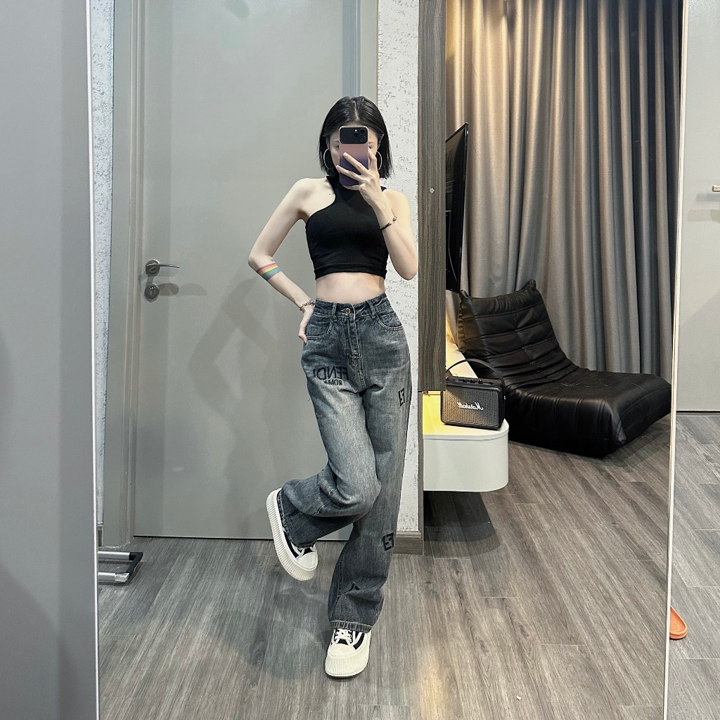 Quần jean ống suông TBA dáng rộng qua gót hình thêu dễ phối đồ mùa hè QTBA8307