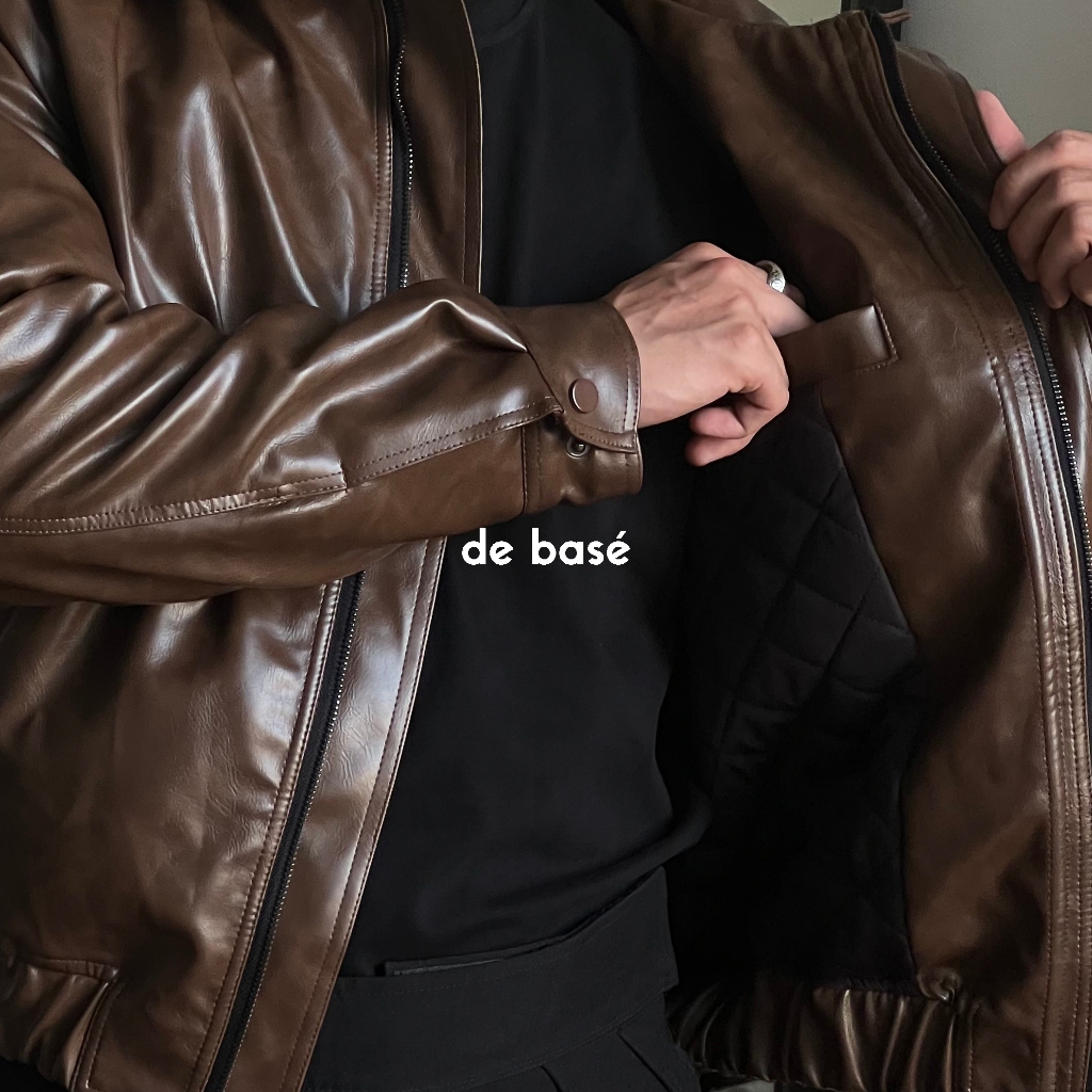 Áo Da Nâu - COLLARED CROPED LEATHER JACKET - Form Crop - De Basé