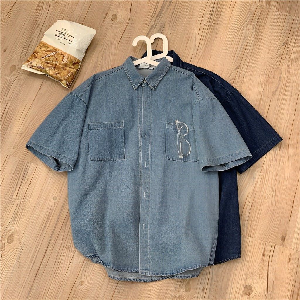 Áo Khoác jean nam nữ Form Rộng ngắn tay, áo khoác bò Unisex 2 Màu Xanh Áo sơ mi jean cộc tay, áo sơ mi bò oversize