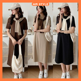 Đầm suông dáng dài kèm khăn thuỷ thủ, váy polo form suông cổ tròn chất nỉ tăm thời trang HQ mã SV153 HMStyle