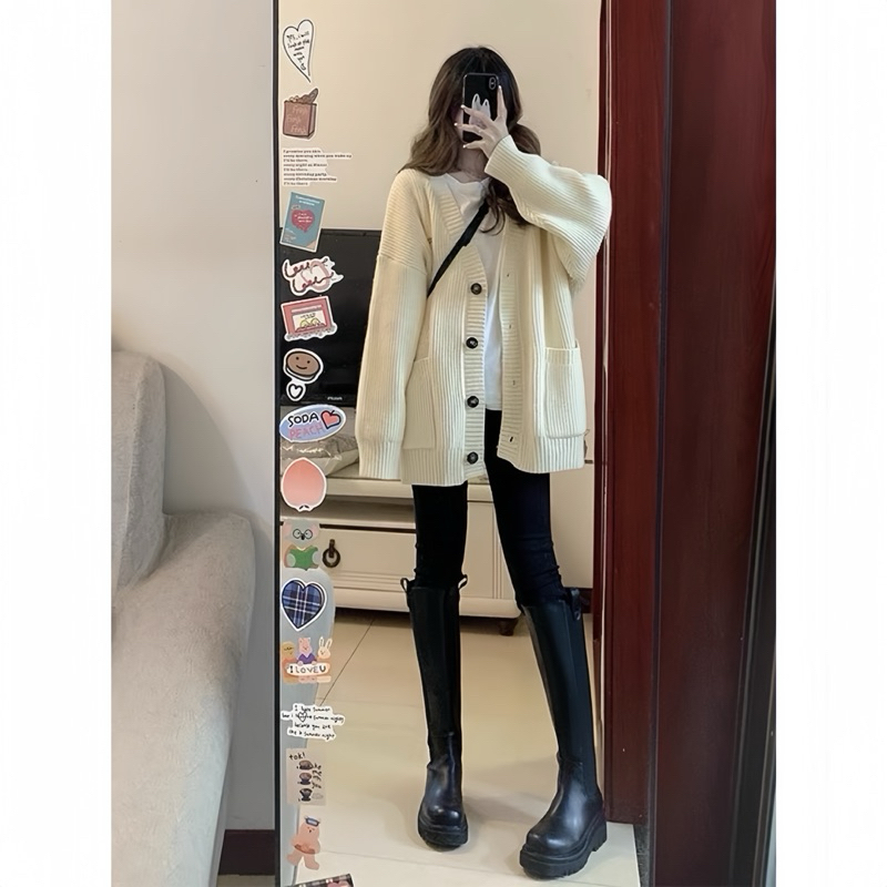 Áo Khoác Cardigan Nỉ Tăm Dáng Ngắn Màu Be Form Rộng