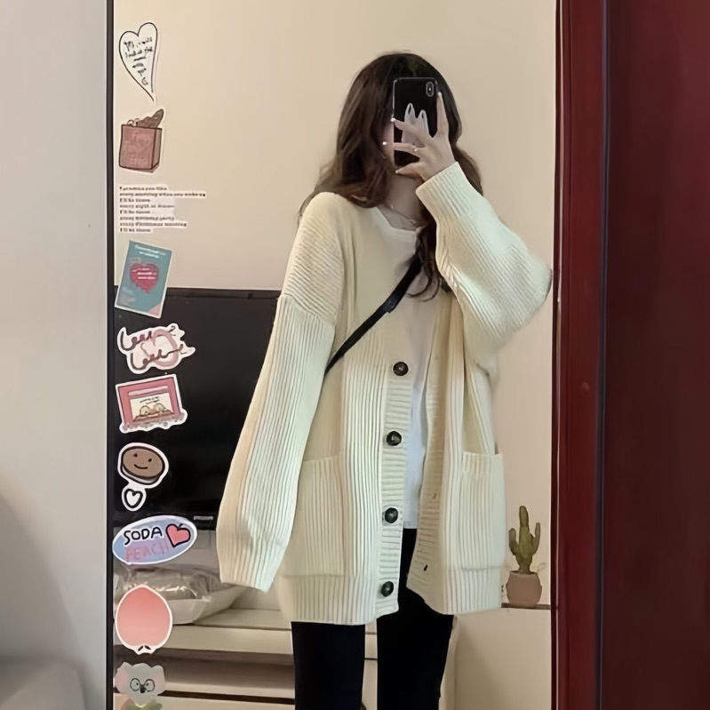 Áo Khoác Cardigan Nỉ Tăm Dáng Ngắn Màu Be Form Rộng