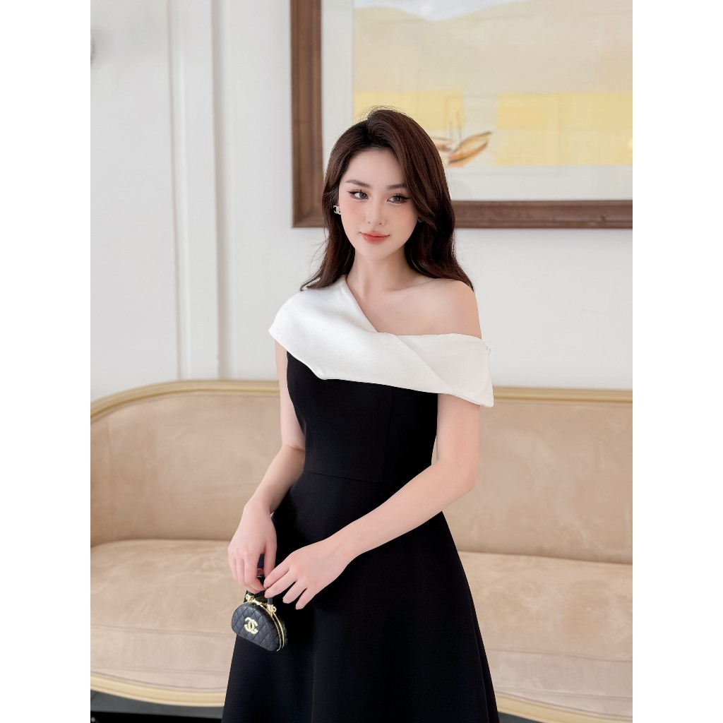 Váy lệch vai phối trắng đen dáng xòe YAME DRESS DESIGN YV271