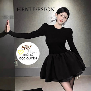HENI DESIGN | Váy CinDY đen tay dài bồng phối Taffta Cao Cấp, váy tay bồng, váy xoè, váy babydoll tay dài, váy đen