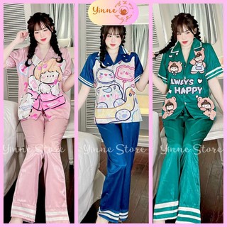 Đồ bộ pijama tay ngắn/dài quần dài, bộ ngủ mặc nhà lụa xước ánh kim thiết kế in 5d họa tiết hot trend xinh xắn