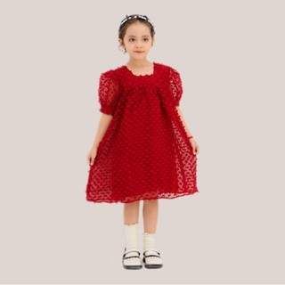 Váy thiết kế bé gái CRABIE suông cộc tay cổ vuông buộc nơ lưng xinh xắn - Emily dress - Đỏ