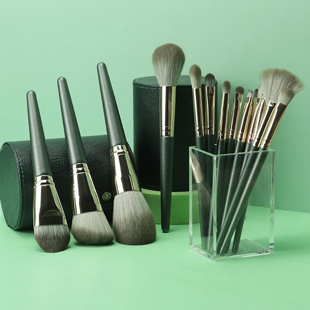 Bộ cọ trang điểm cá nhân 14 cây kèm hộp đựng màu xanh lá