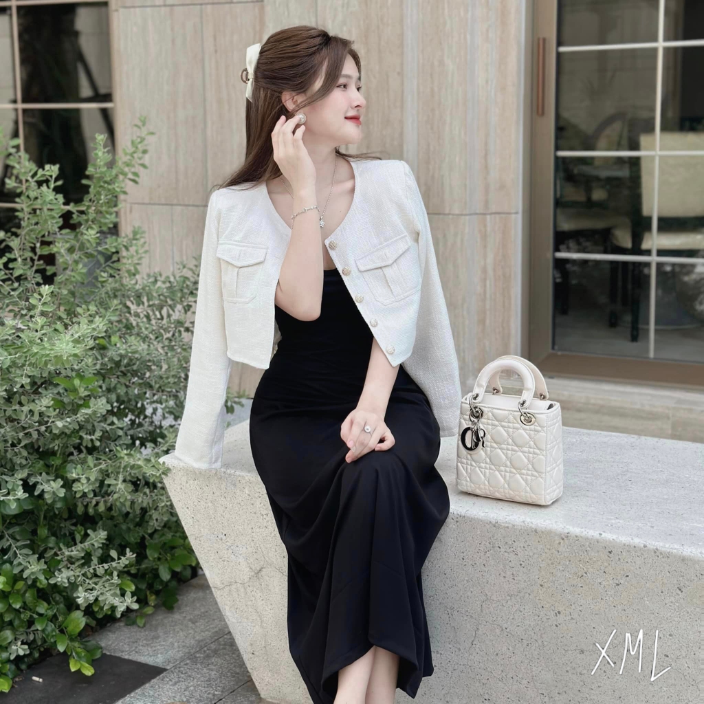 Sét đầm váy nữ 2 dây dáng dài phối cotton lạnh sang chảnh dễ thương mix áo khoắc dạ linen xinh xắn