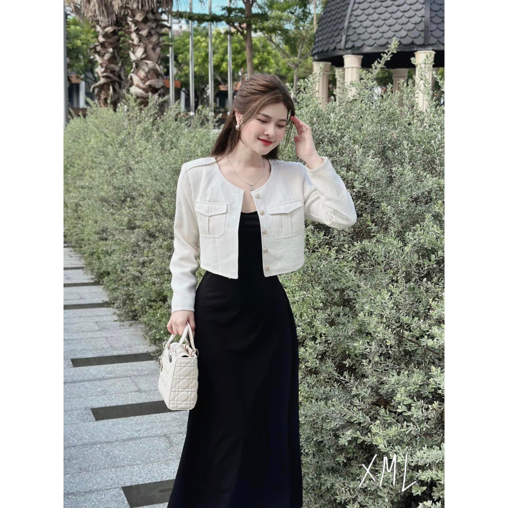 Sét đầm váy nữ 2 dây dáng dài phối cotton lạnh sang chảnh dễ thương mix áo khoắc dạ linen xinh xắn