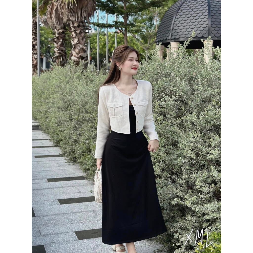 Sét đầm váy nữ 2 dây dáng dài phối cotton lạnh sang chảnh dễ thương mix áo khoắc dạ linen xinh xắn