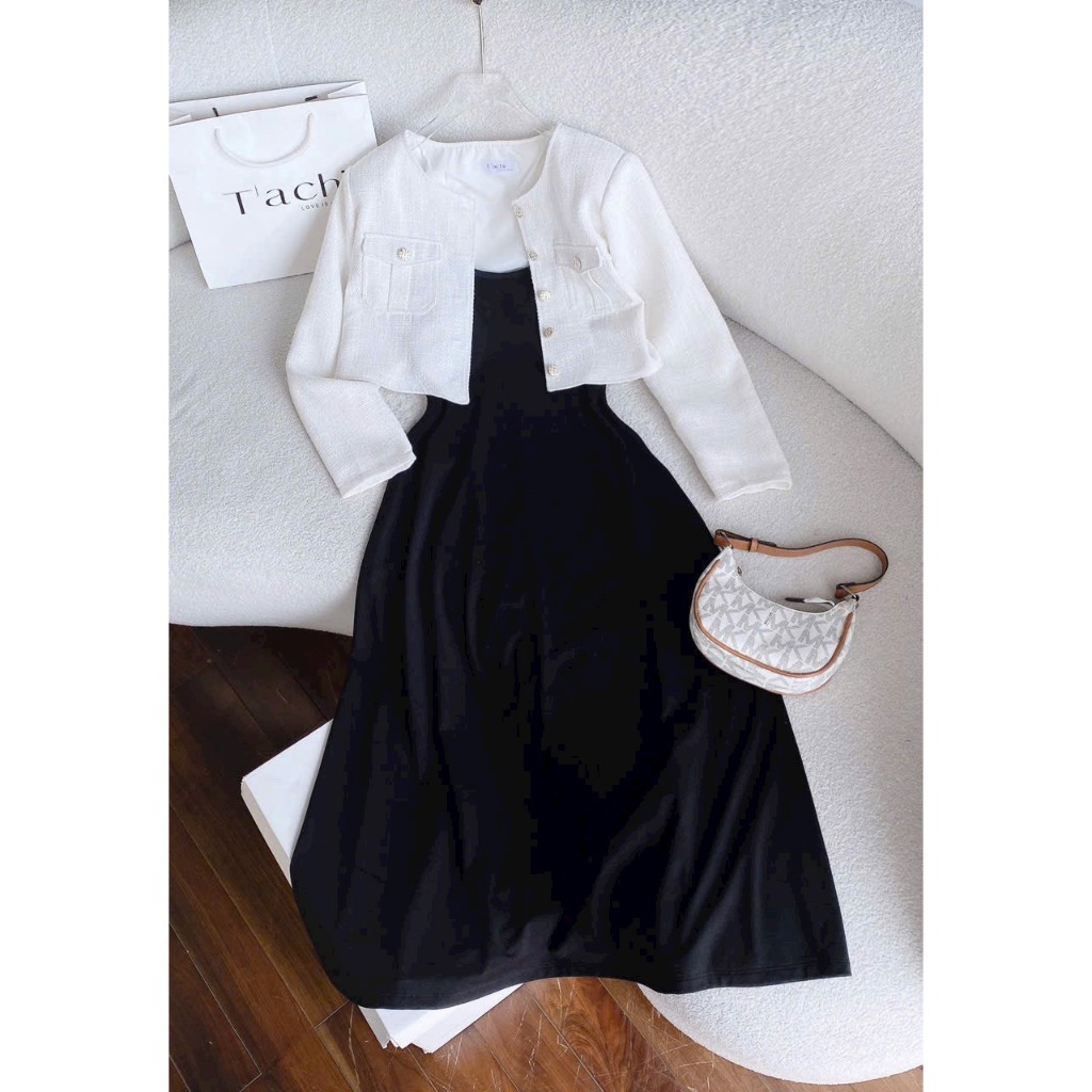 Sét đầm váy nữ 2 dây dáng dài phối cotton lạnh sang chảnh dễ thương mix áo khoắc dạ linen xinh xắn