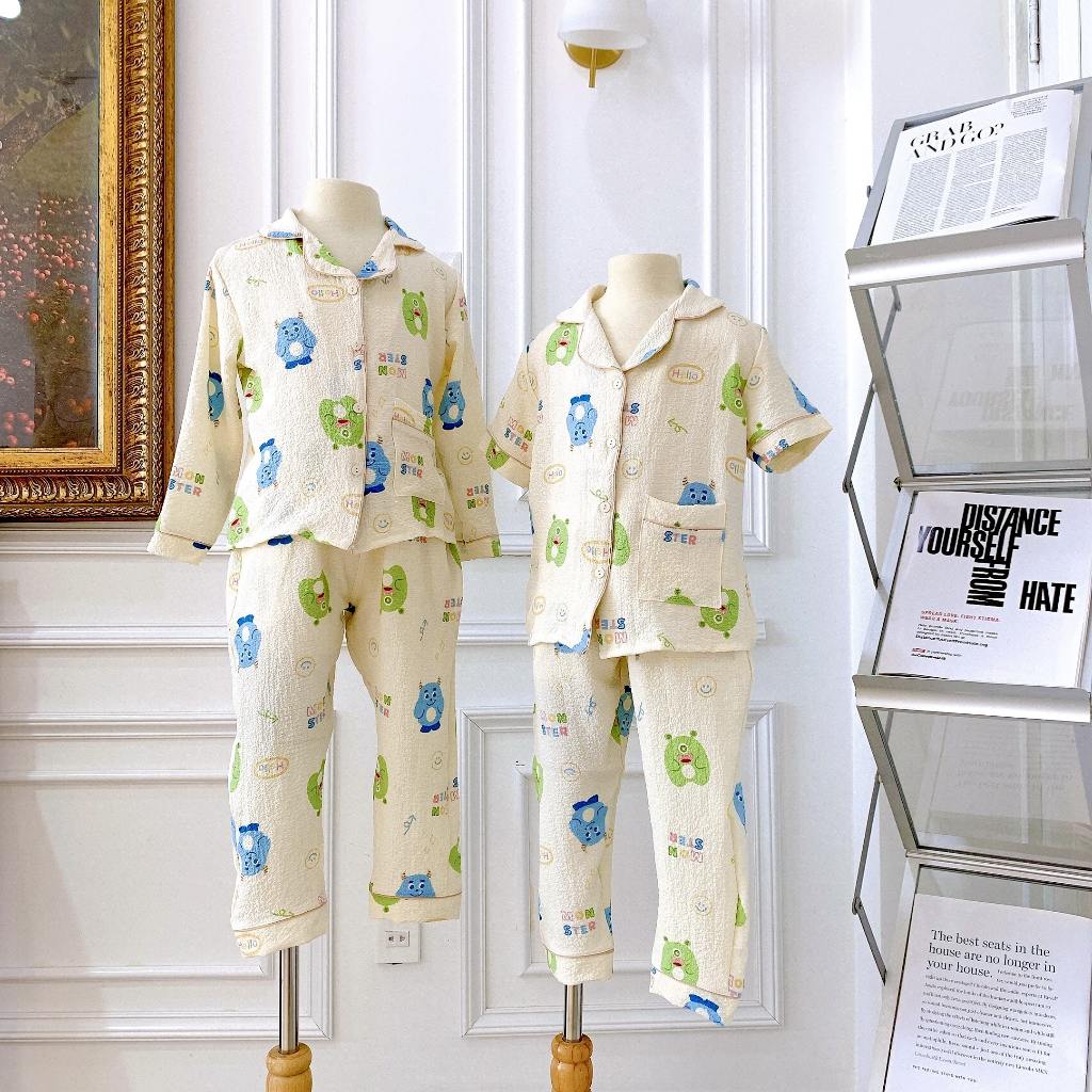 SIZE 12KG-50KG: Đồ mặc nhà, đồ Pijama bé vải Đũi mềm Tiệm Nhà Bé - Tay dài quần dài