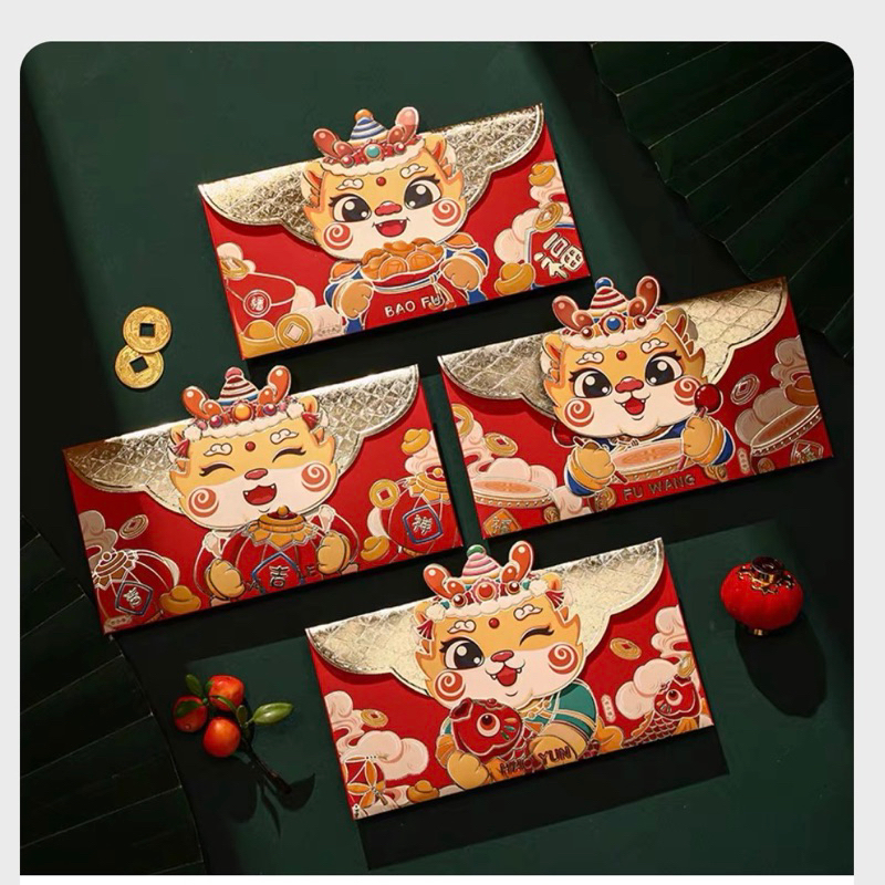 Set 4 Bao Lì Xì Rồng Kì Lân Đỏ Mừng Năm Mới Mẫu 2024