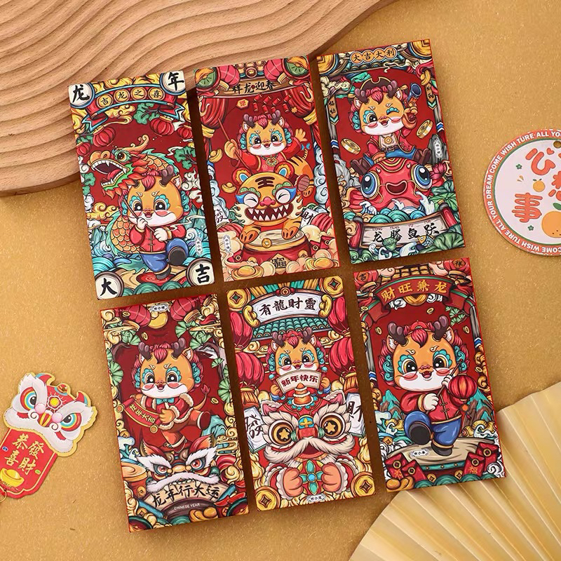 Set 6 Bao Lì Xì May Mắn Rồng Kì Lân Đỏ Mừng Năm Mới Xuân Giáp Thìn 2024