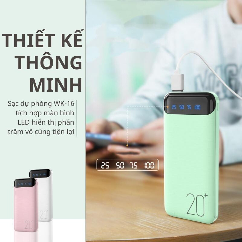 Sạc dự phòng tích hợp màn hình Led dung lượng 10000MAH-20000MAH WK-16 hỗ trợ sạc nhanh - Hàng chính hãng