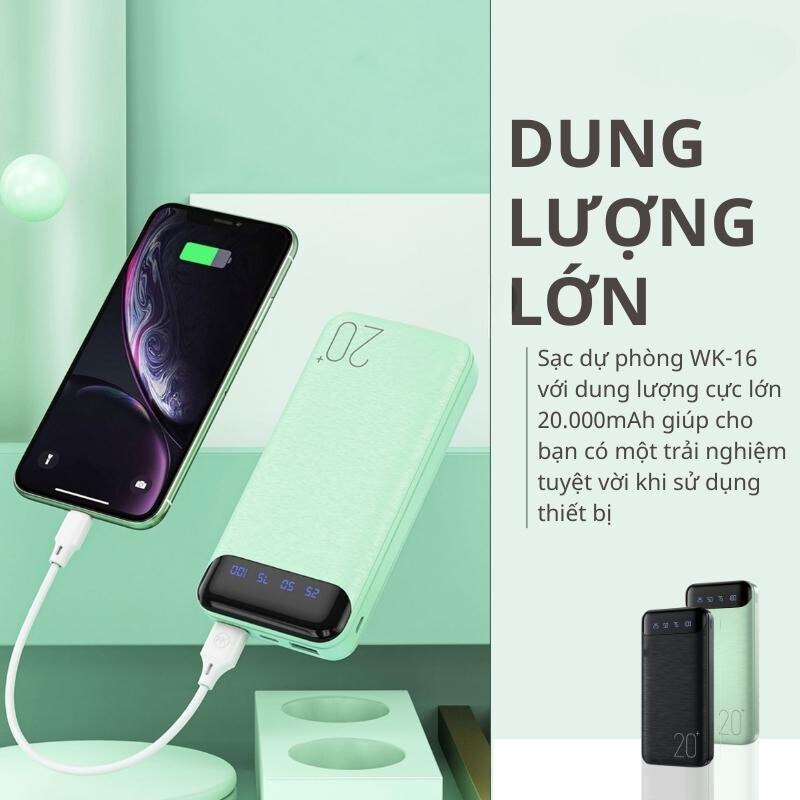 Sạc dự phòng tích hợp màn hình Led dung lượng 10000MAH-20000MAH WK-16 hỗ trợ sạc nhanh - Hàng chính hãng