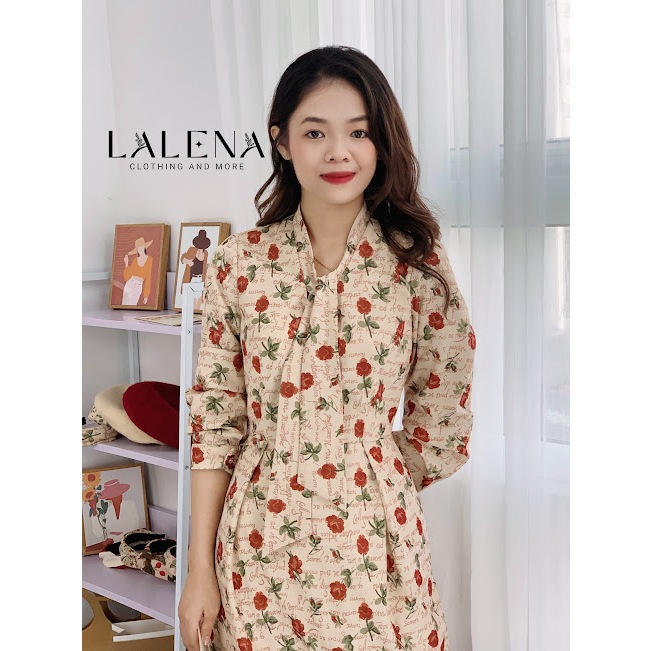 Váy liền họa tiết hoa hồng nâu cổ nơ có xẻ thân sau - NV046