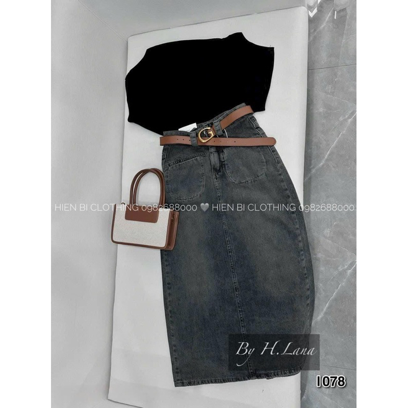 CHÂN VÁY JEAN XẺ SAU - kèm đai nâu