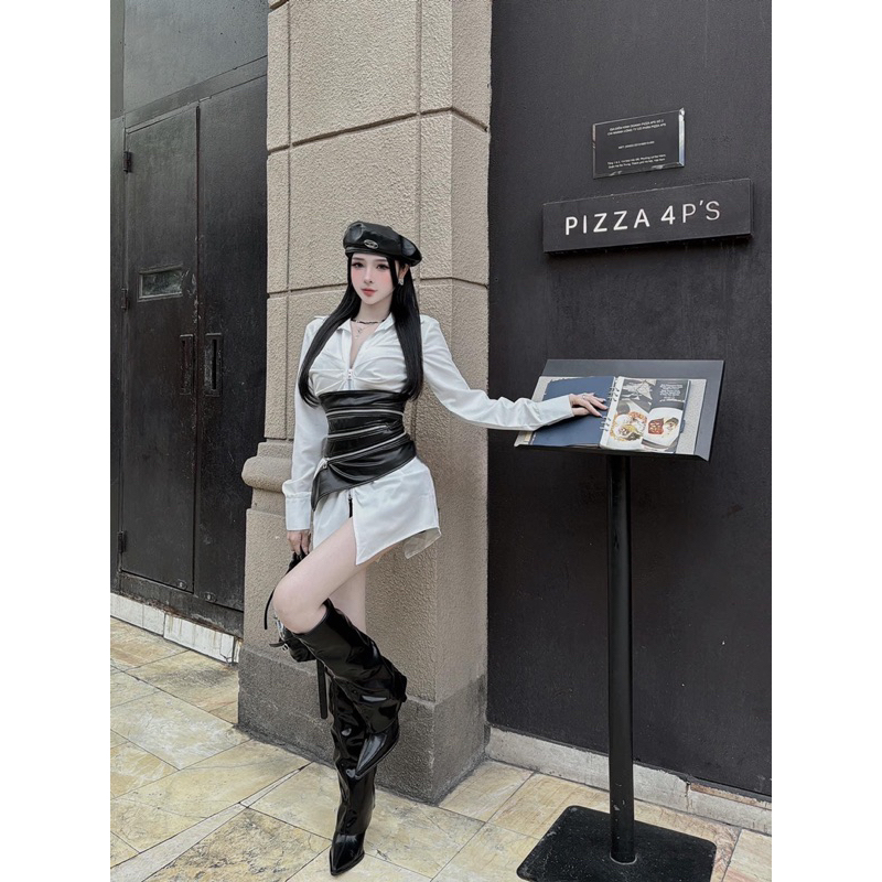 Set áo sơmi form rộng kèm belt da khoá kéo 🖤