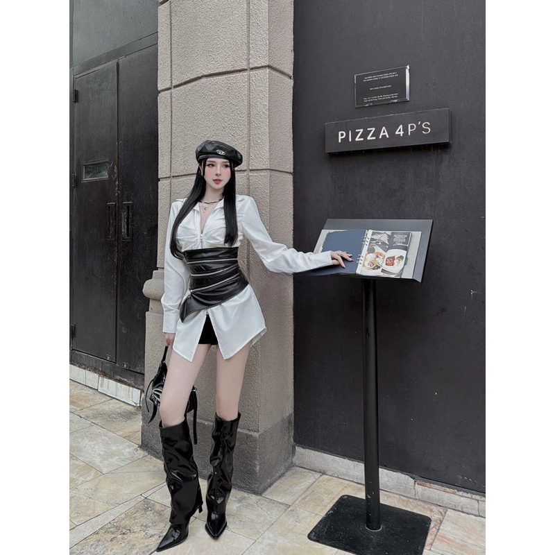 Set áo sơmi form rộng kèm belt da khoá kéo 🖤