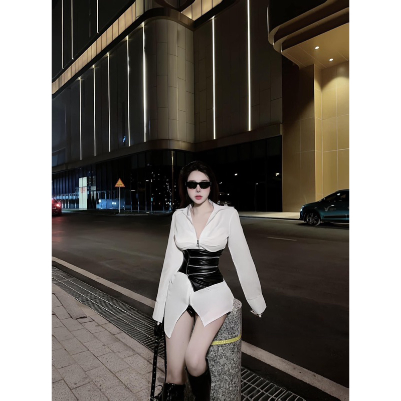 Set áo sơmi form rộng kèm belt da khoá kéo 🖤