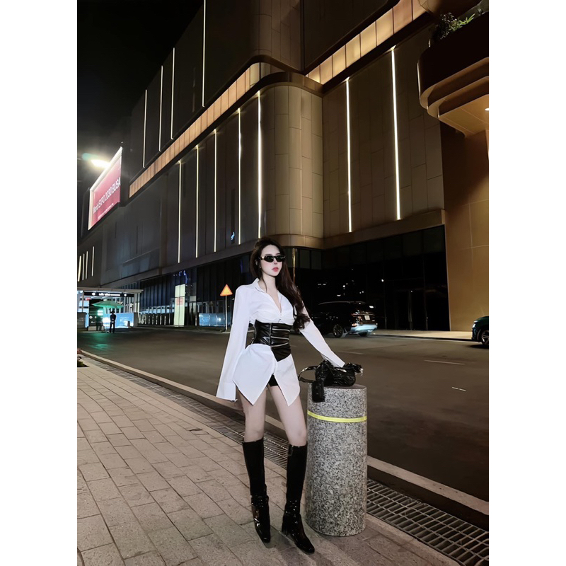 Set áo sơmi form rộng kèm belt da khoá kéo 🖤