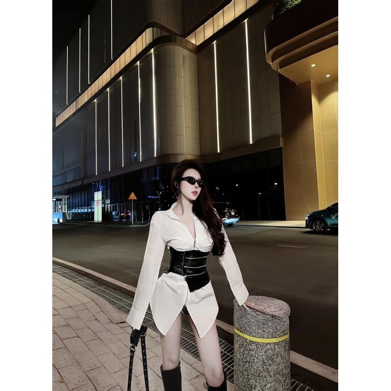 Set áo sơmi form rộng kèm belt da khoá kéo 🖤