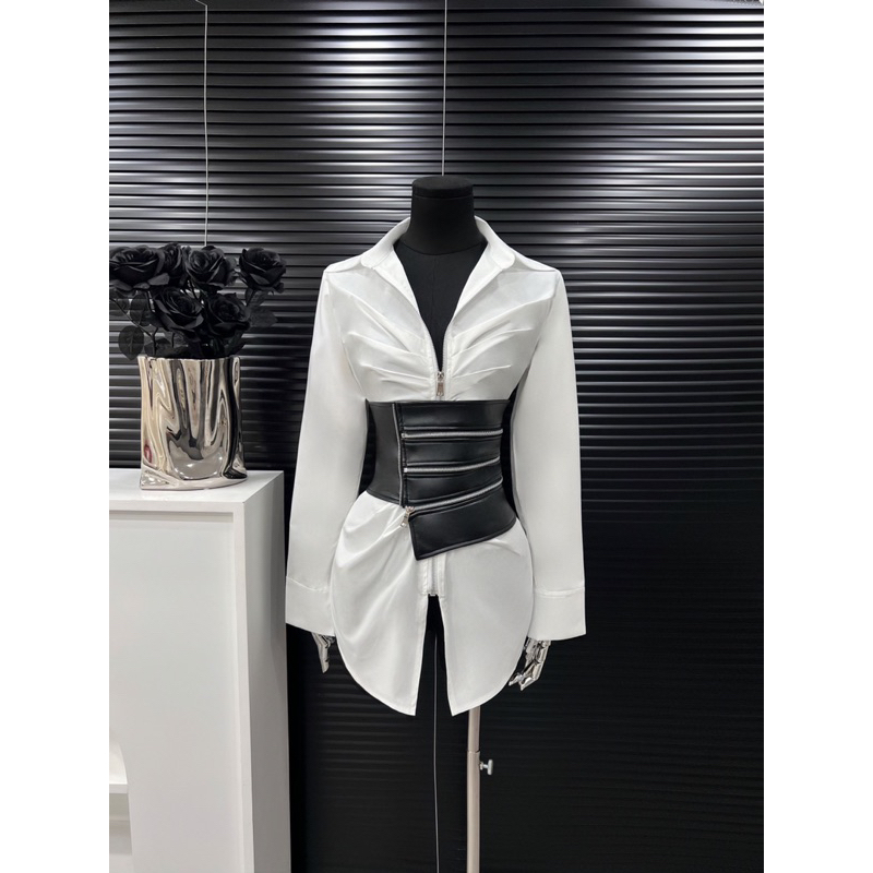 Set áo sơmi form rộng kèm belt da khoá kéo 🖤