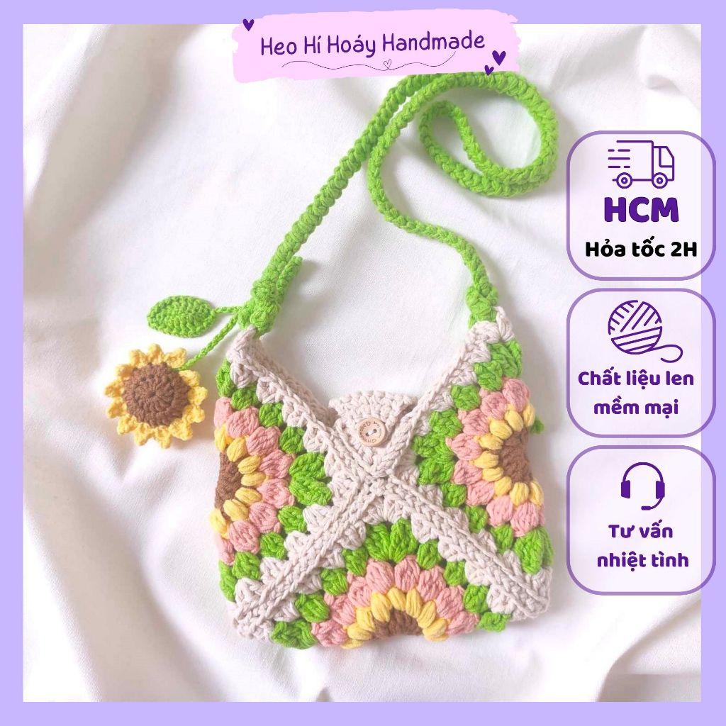Túi len ghép hoa hướng dương mini handmade by Heo Hí Hoáy