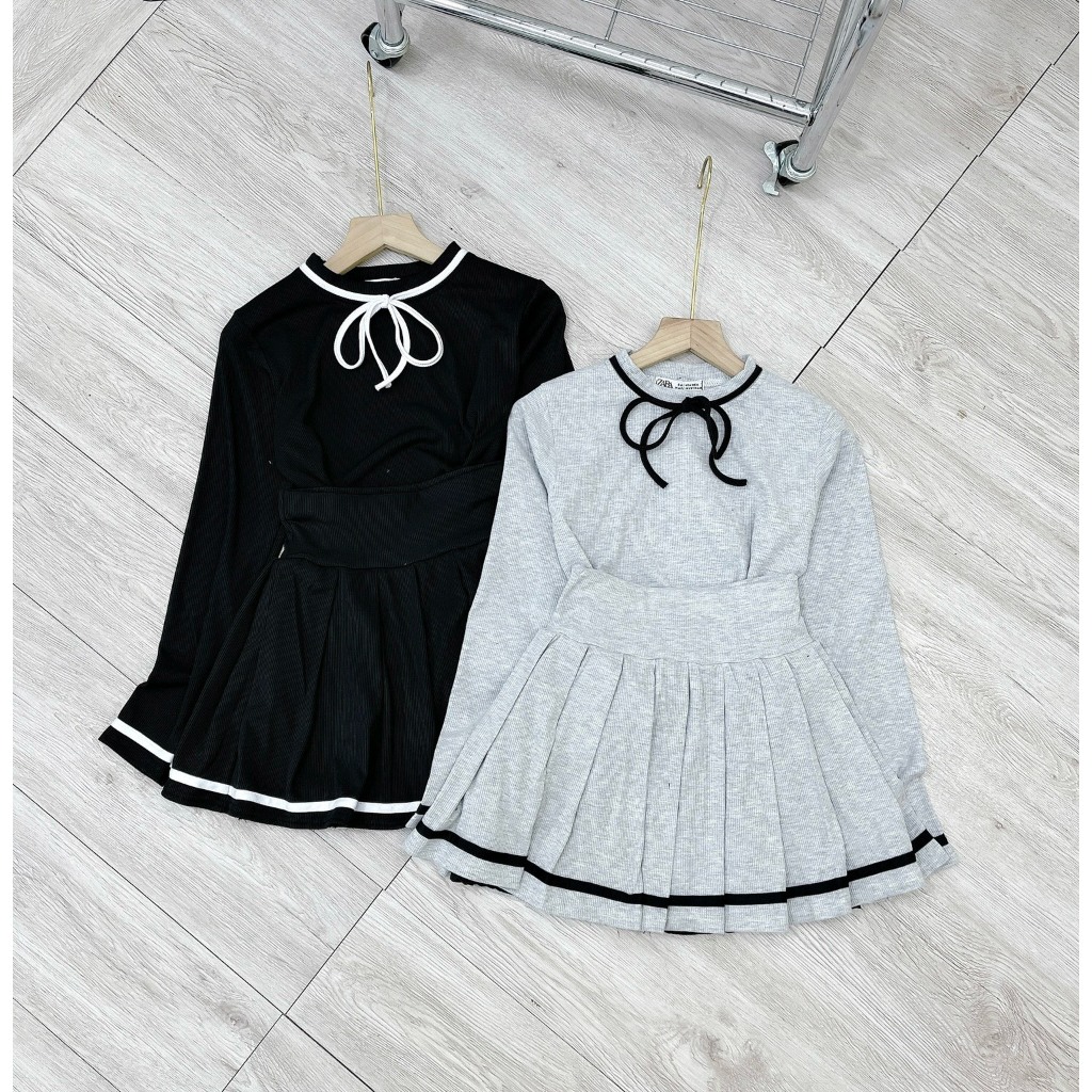 Set đồ nữ - Áo thun dài tay mix chân váy xếp ly chất liệu len tăm dáng ngắn có lót trong thắt nơ gin62.store