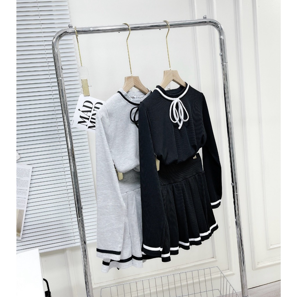 Set đồ nữ - Áo thun dài tay mix chân váy xếp ly chất liệu len tăm dáng ngắn có lót trong thắt nơ gin62.store