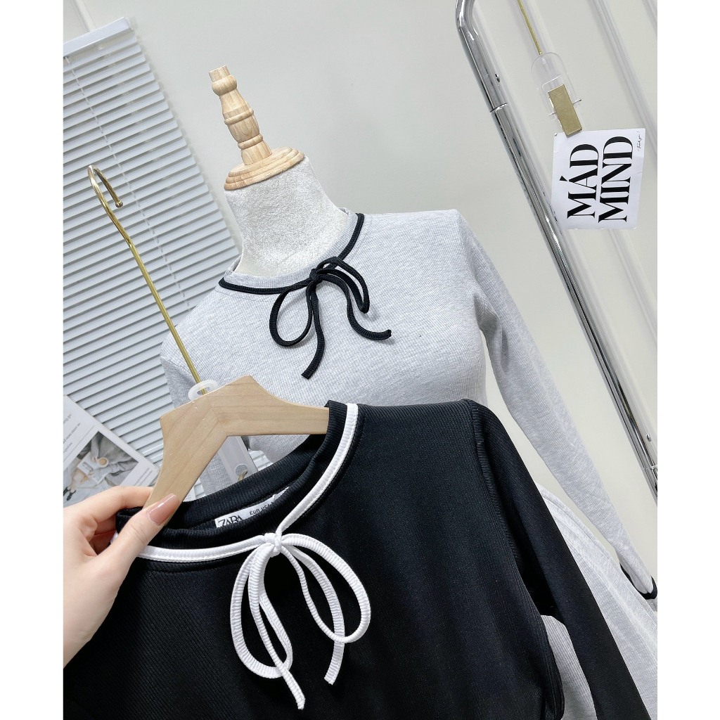 Set đồ nữ - Áo thun dài tay mix chân váy xếp ly chất liệu len tăm dáng ngắn có lót trong thắt nơ gin62.store