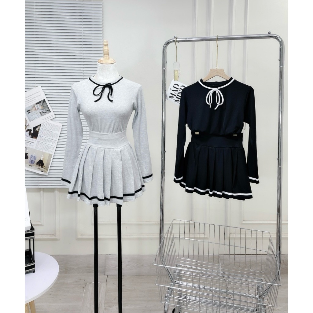 Set đồ nữ - Áo thun dài tay mix chân váy xếp ly chất liệu len tăm dáng ngắn có lót trong thắt nơ gin62.store