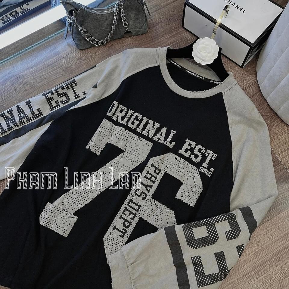 Áo Thun Nữ Dài Tay Original 76 Phối Đen Xám Họa Tiết 2 Tay Dáng Áo Phông Nữ Tay Dài Bo Chun Tay Freesize B311095