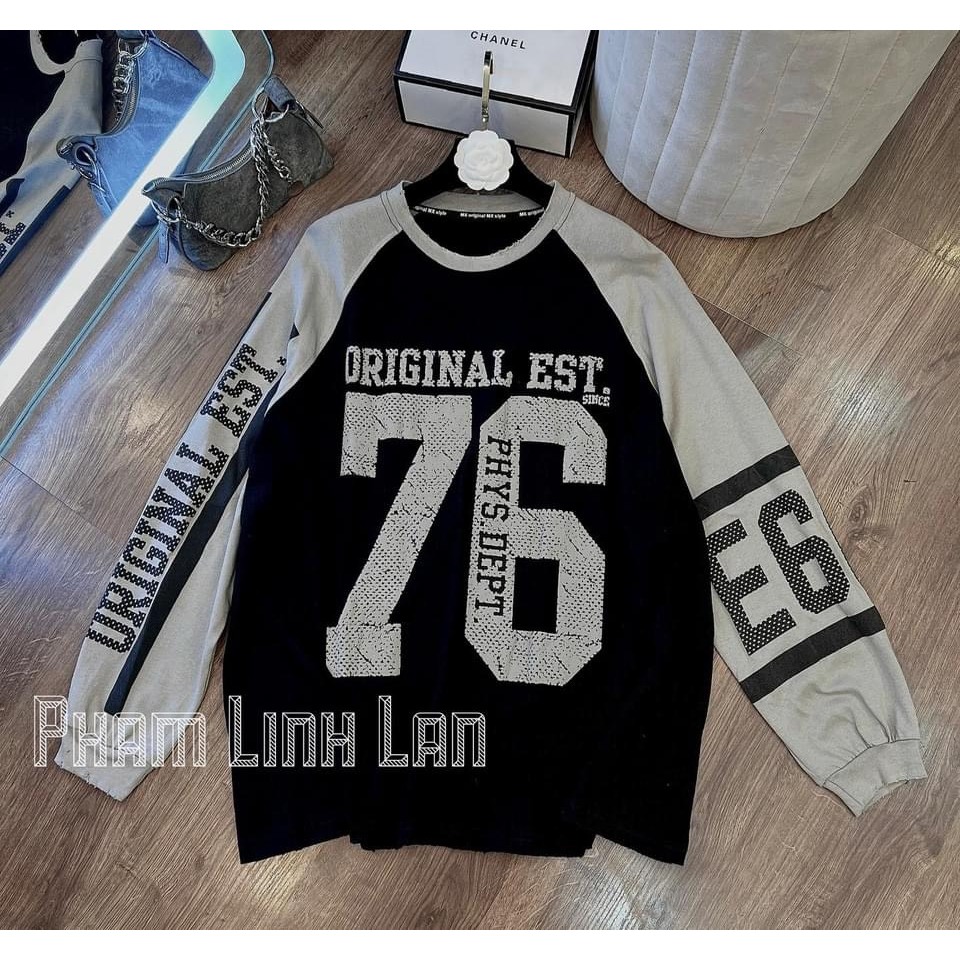 Áo Thun Nữ Dài Tay Original 76 Phối Đen Xám Họa Tiết 2 Tay Dáng Áo Phông Nữ Tay Dài Bo Chun Tay Freesize B311095