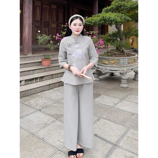 Bộ lam đi chùa vải đũi thêu sen