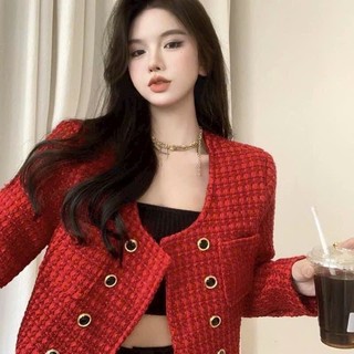 Áo dạ tweed hai hàng cúc kiểu măng tô có hai túi