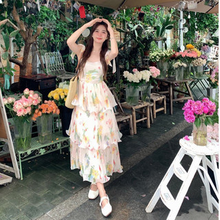 Đầm xoè 3 tầng cột nơ vai chạy mocking sau lưng dịu dàng nữ tính