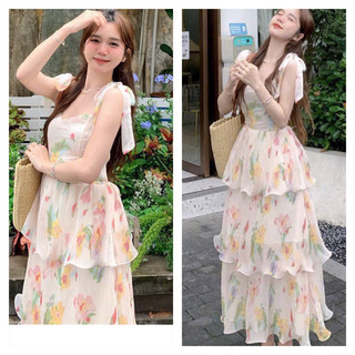 đầm xoè 2 dây hoa lá xếp tần chạy moking thân sau siêu xinh