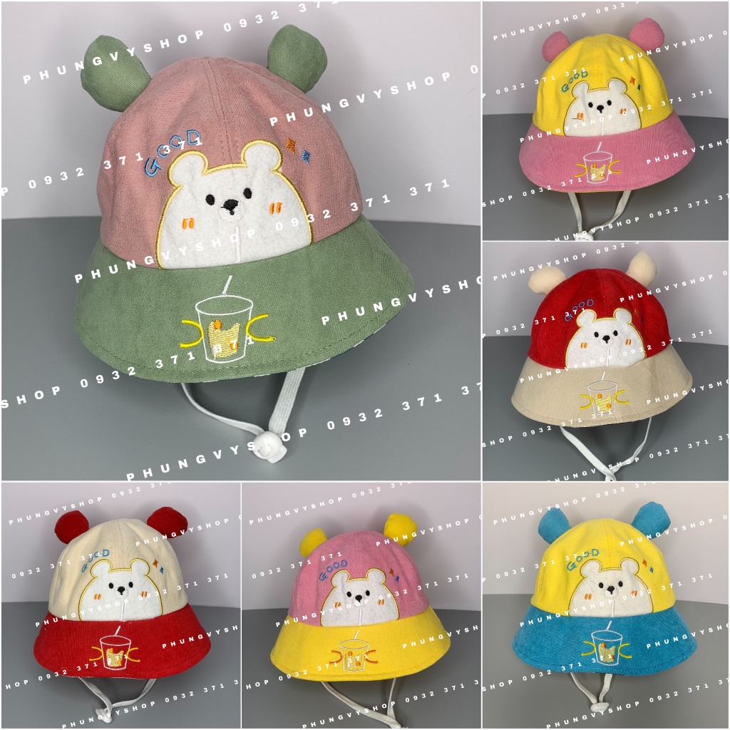 Bé 2-5/Vđ 52cm_Mũ bucket tai bèo vành dễ thương gái trẻ em phungvyshop-nón BO trung GẤU vá màu LY NƯỚC