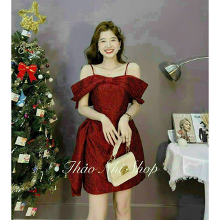 Đầm 2 dây thời trang nữ mặc đi chơi thiết kế trễ vai chất vải Gấm 2 màu đỏ  trắng