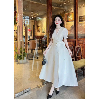 Đầm thời trang nữ mặc đi chơi dáng dài xoè rộng cổ V đính nơ eo chất vải tapta đính đá