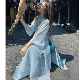 Áo dài nữ dáng suông chất vải linen họa tiết thêu 3D nổi cao cấp Áo dài nữ màu xanh