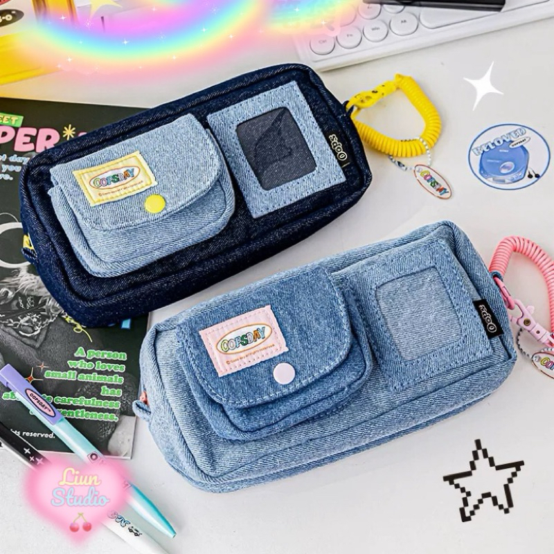 Bóp viết OOPSDAY denim nhiều ngăn phong cách Retro Mỹ có dây đeo