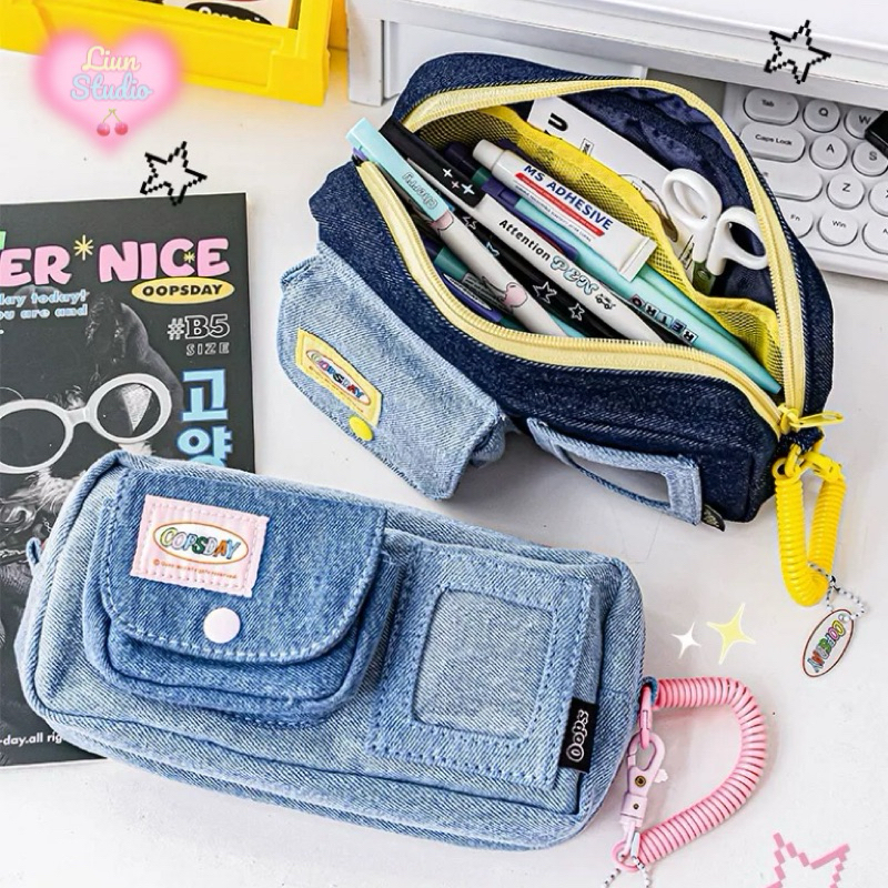 Bóp viết OOPSDAY denim nhiều ngăn phong cách Retro Mỹ có dây đeo
