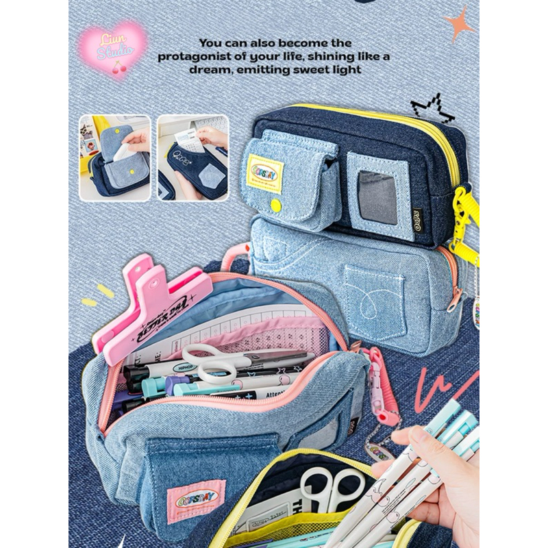 Bóp viết OOPSDAY denim nhiều ngăn phong cách Retro Mỹ có dây đeo