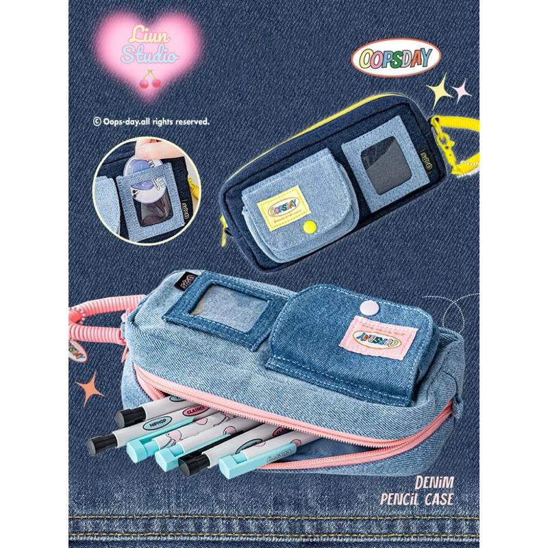 Bóp viết OOPSDAY denim nhiều ngăn phong cách Retro Mỹ có dây đeo