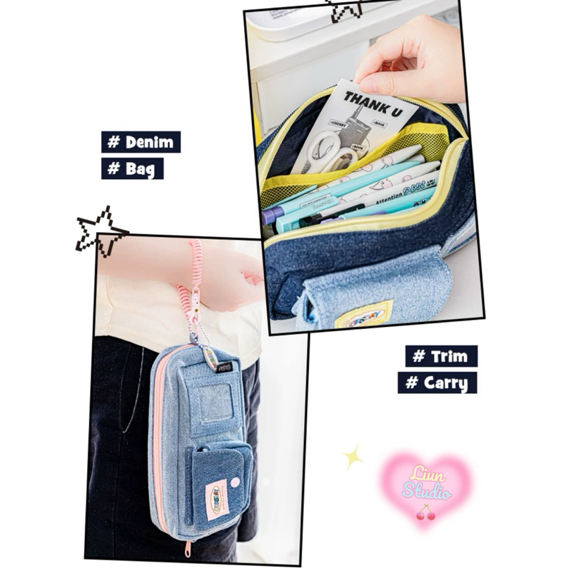 Bóp viết OOPSDAY denim nhiều ngăn phong cách Retro Mỹ có dây đeo